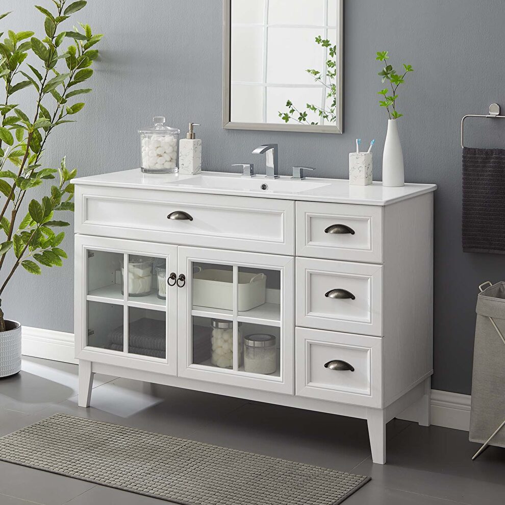 Bathroom vanity cabinet in white w/ curved ceramic sink basin by Modway