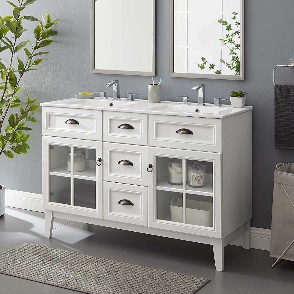 Double bathroom vanity cabinet w/ dual ceramic sink basins by Modway
