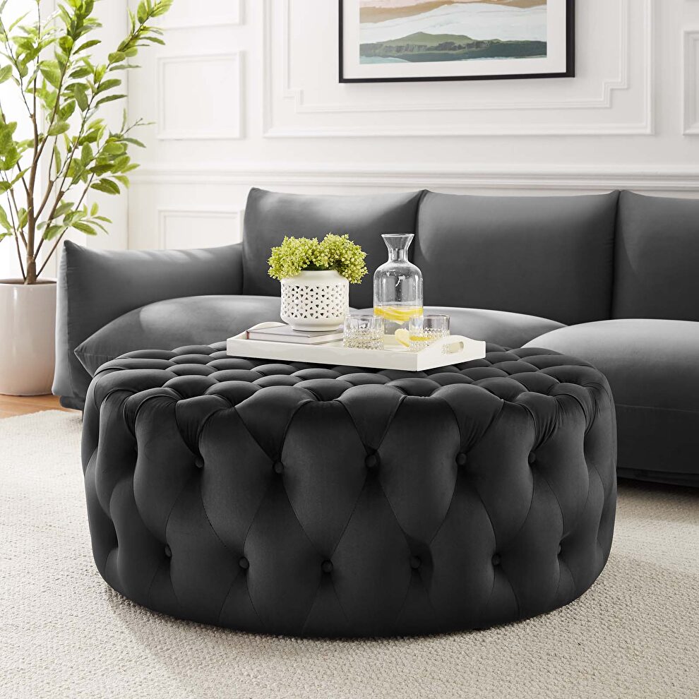 Black finish button tufted performance velvet large round ottoman by Modway
