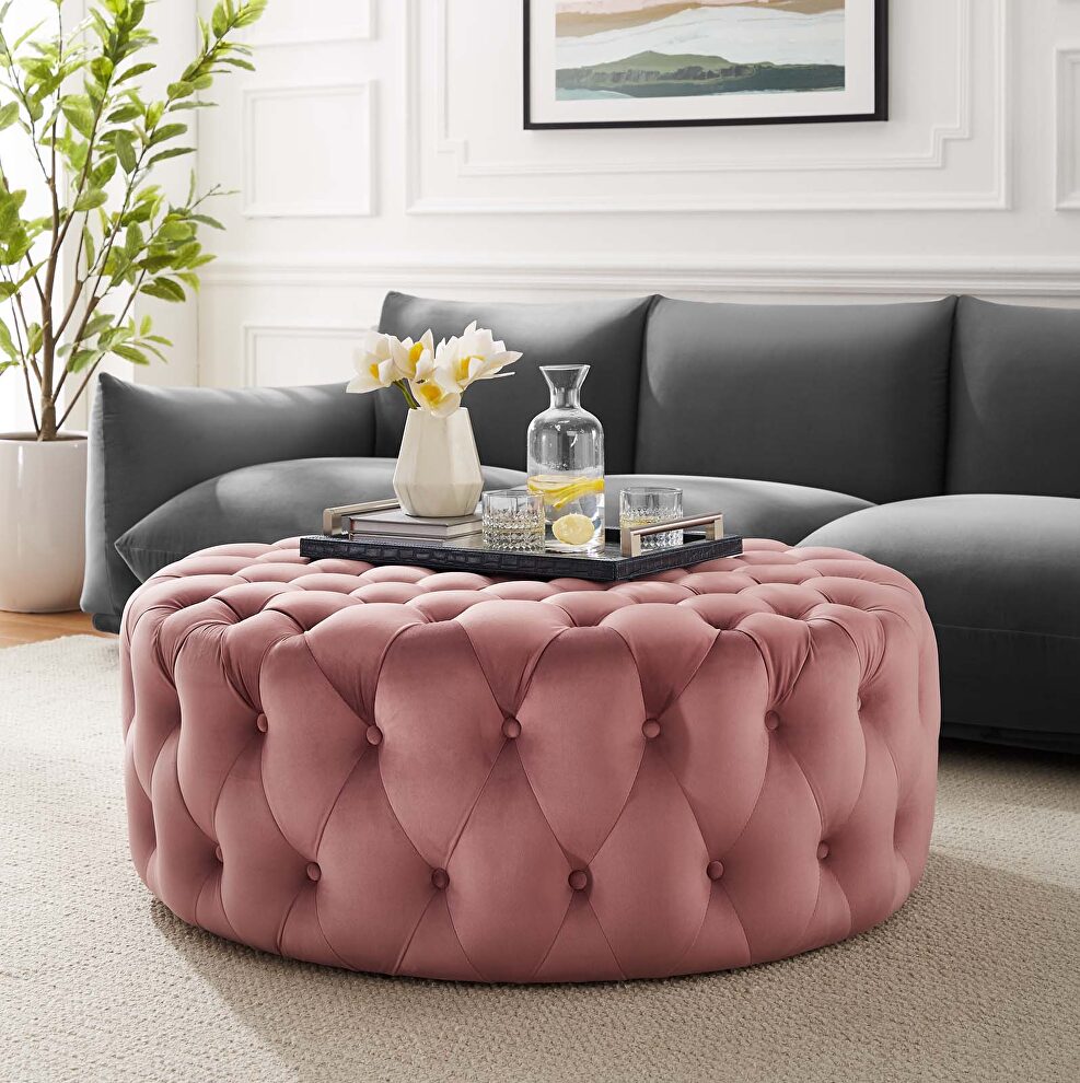 Dusty rose finish button tufted performance velvet large round ottoman by Modway