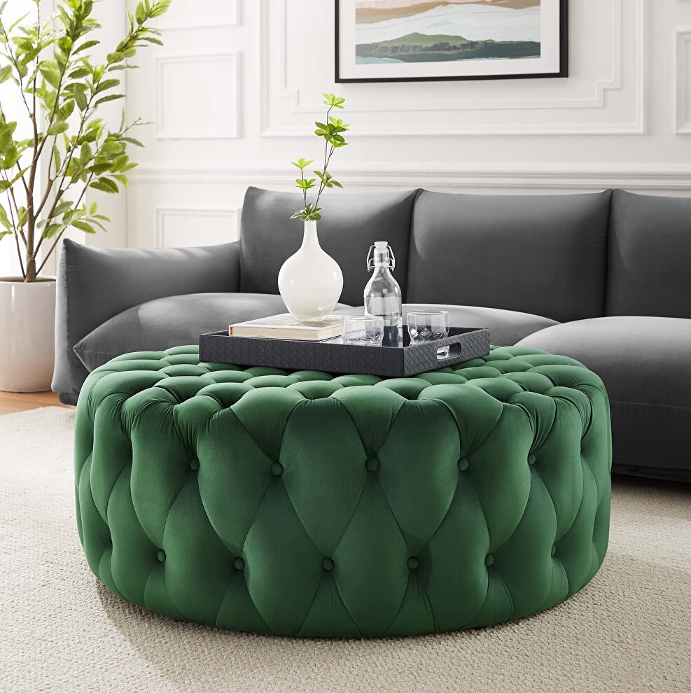 Emerald finish button tufted performance velvet large round ottoman by Modway