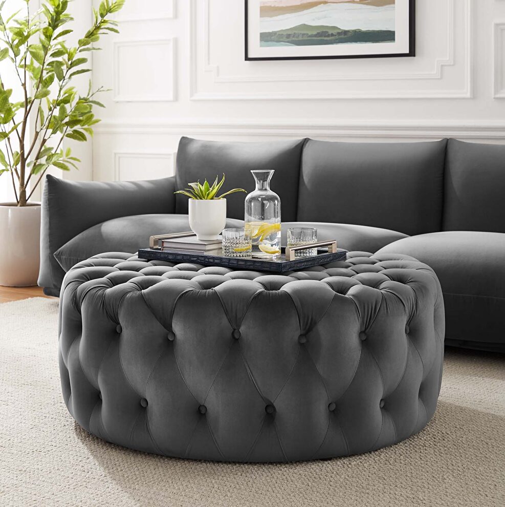 Gray finish button tufted performance velvet large round ottoman by Modway