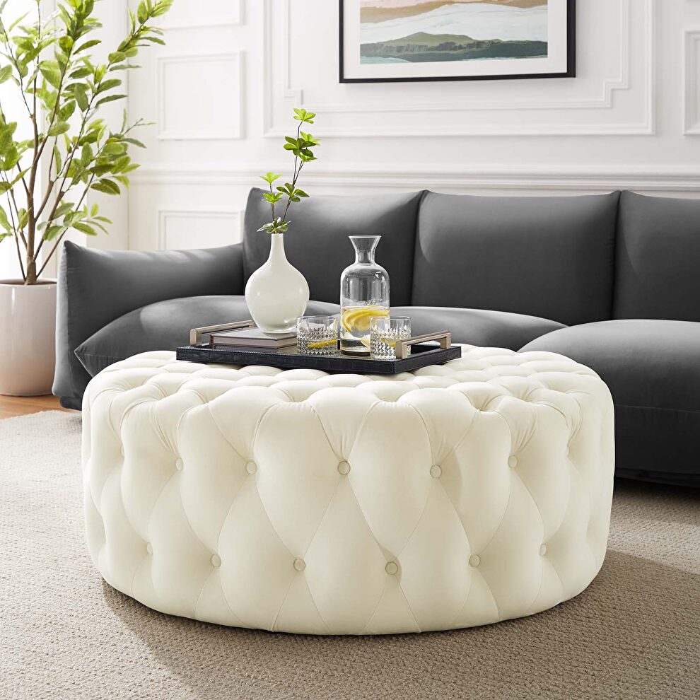 Ivory finish button tufted performance velvet large round ottoman by Modway