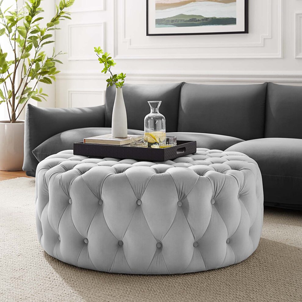 Light gray finish button tufted performance velvet large round ottoman by Modway