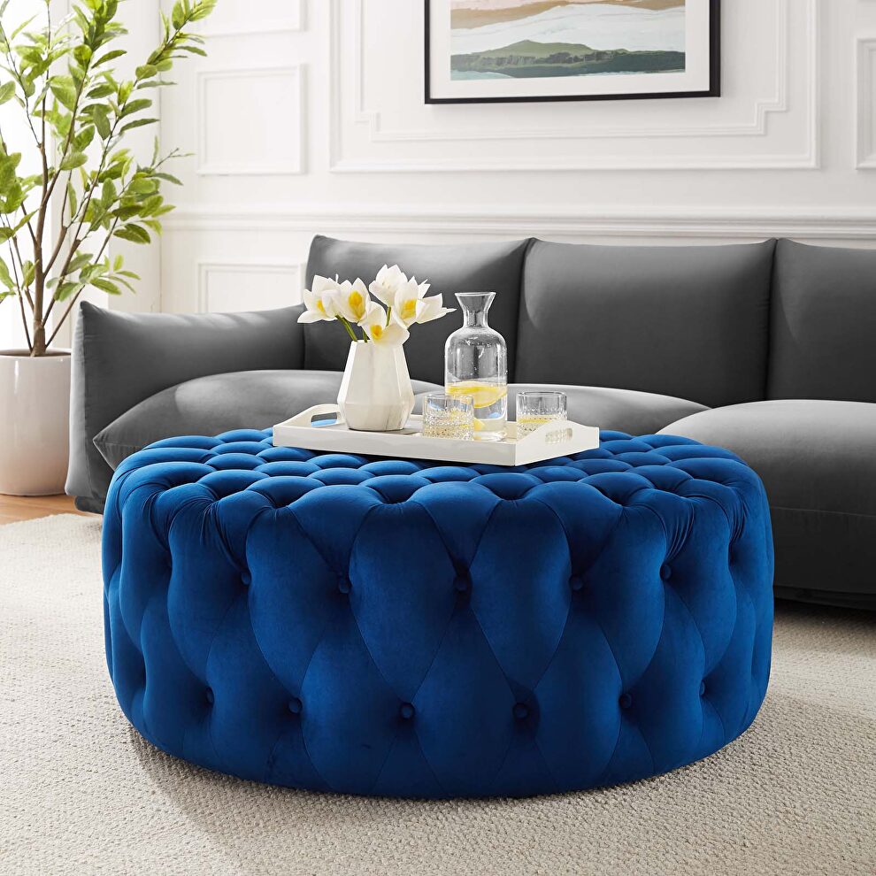 Navy finish button tufted performance velvet large round ottoman by Modway