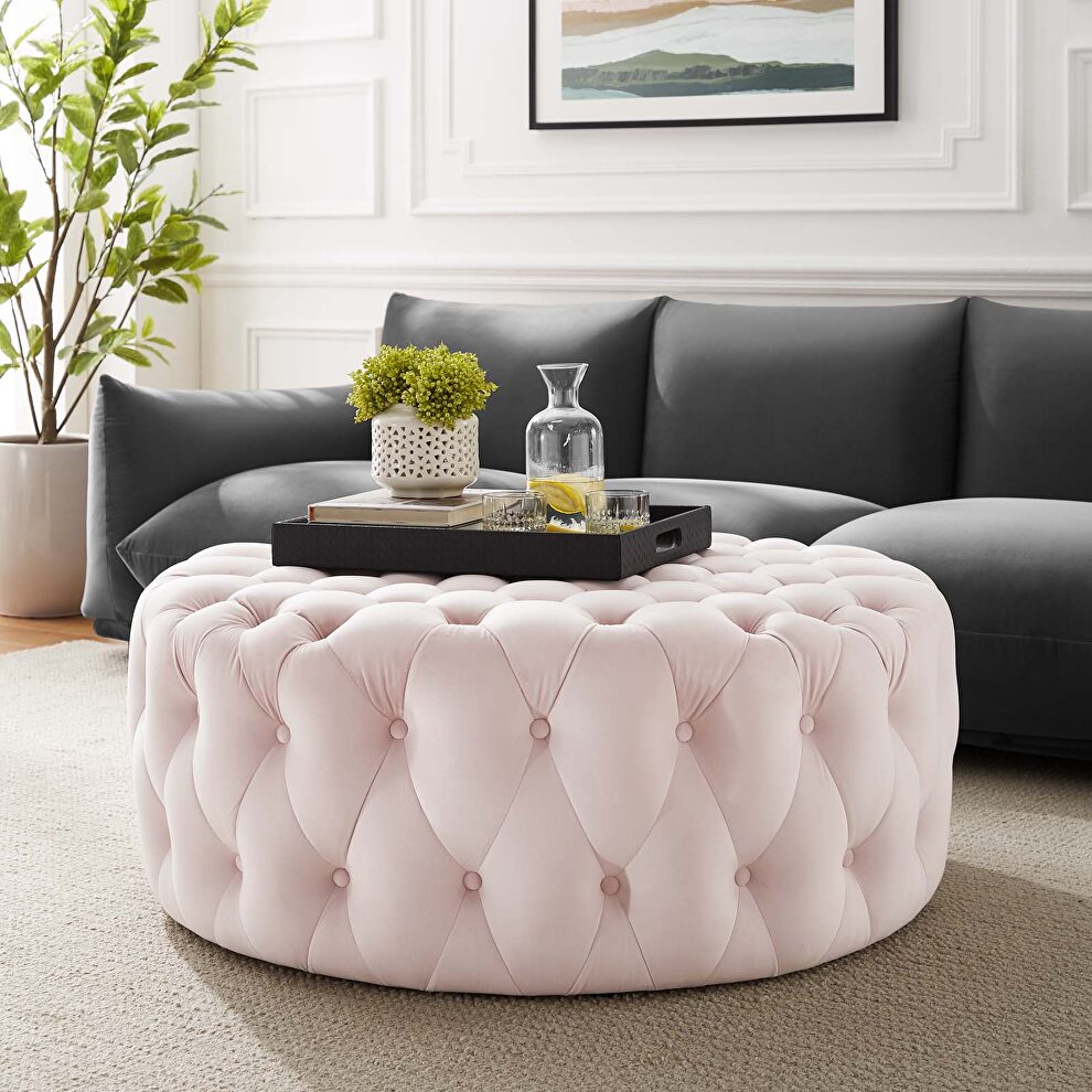 Pink finish button tufted performance velvet large round ottoman by Modway