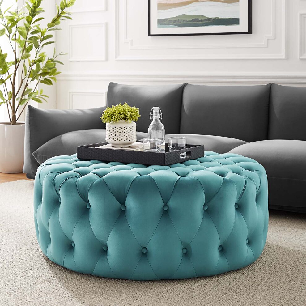 Sea blue finish button tufted performance velvet large round ottoman by Modway