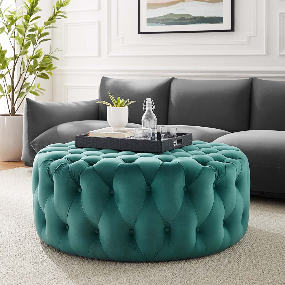 Teal finish button tufted performance velvet large round ottoman by Modway