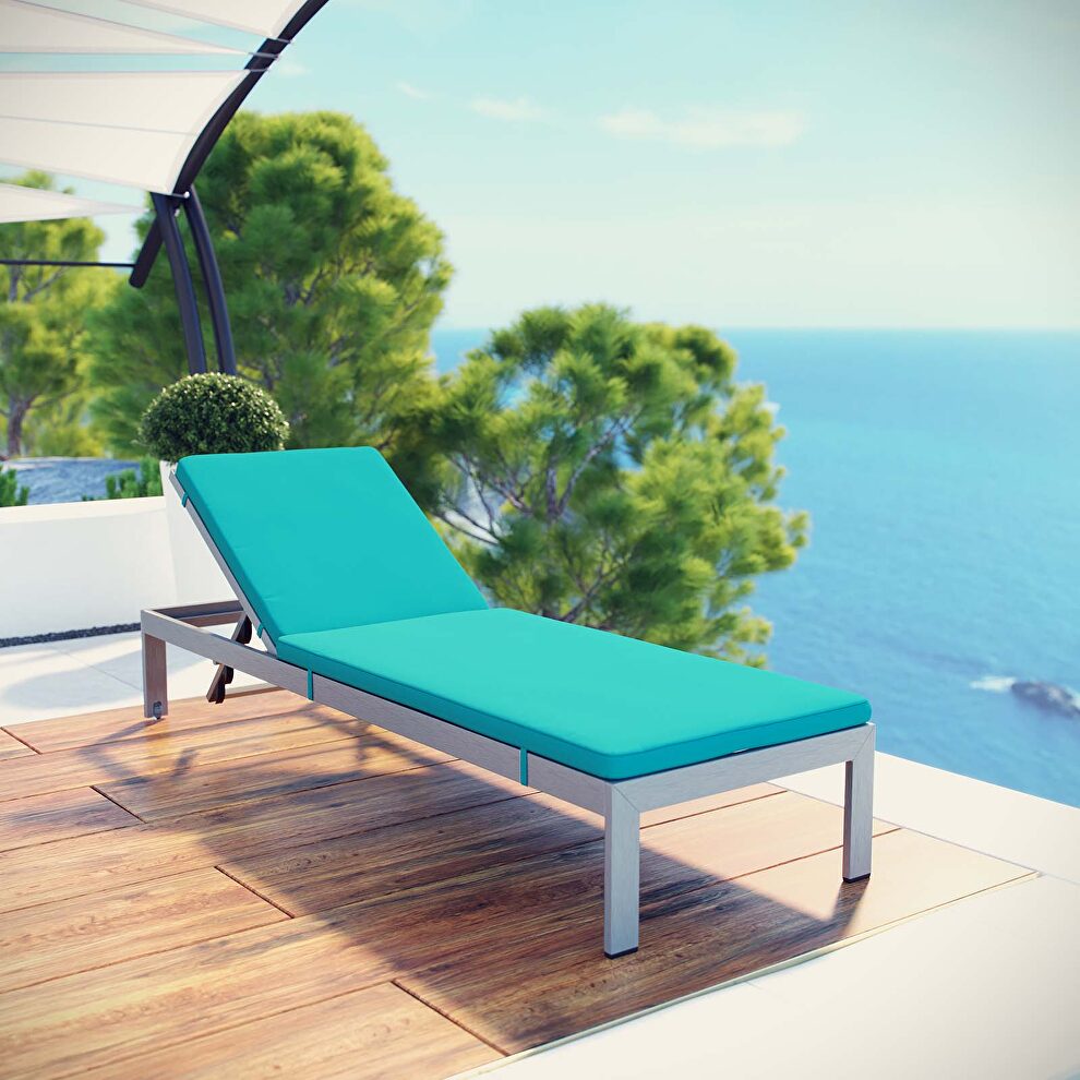 Outdoor patio aluminum chaise with cushions in silver/ turquoise by Modway