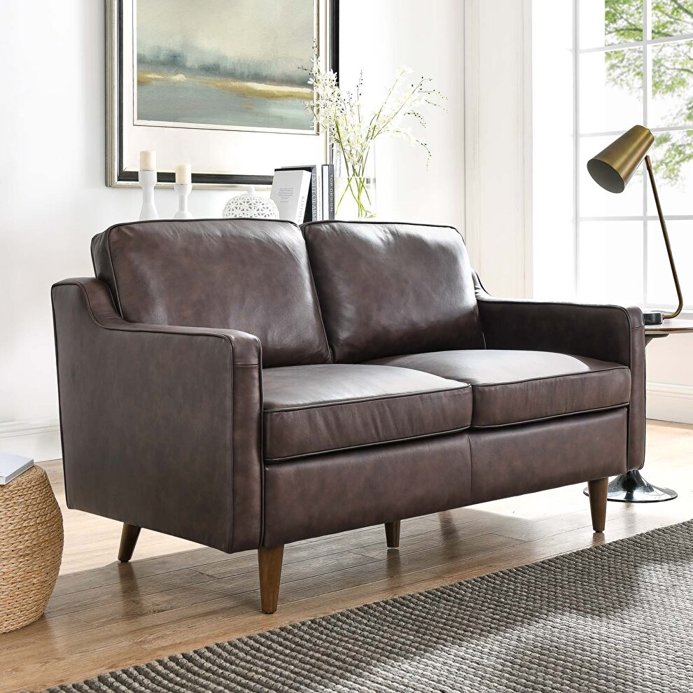 Brown finish genuine leather upholstery loveseat by Modway