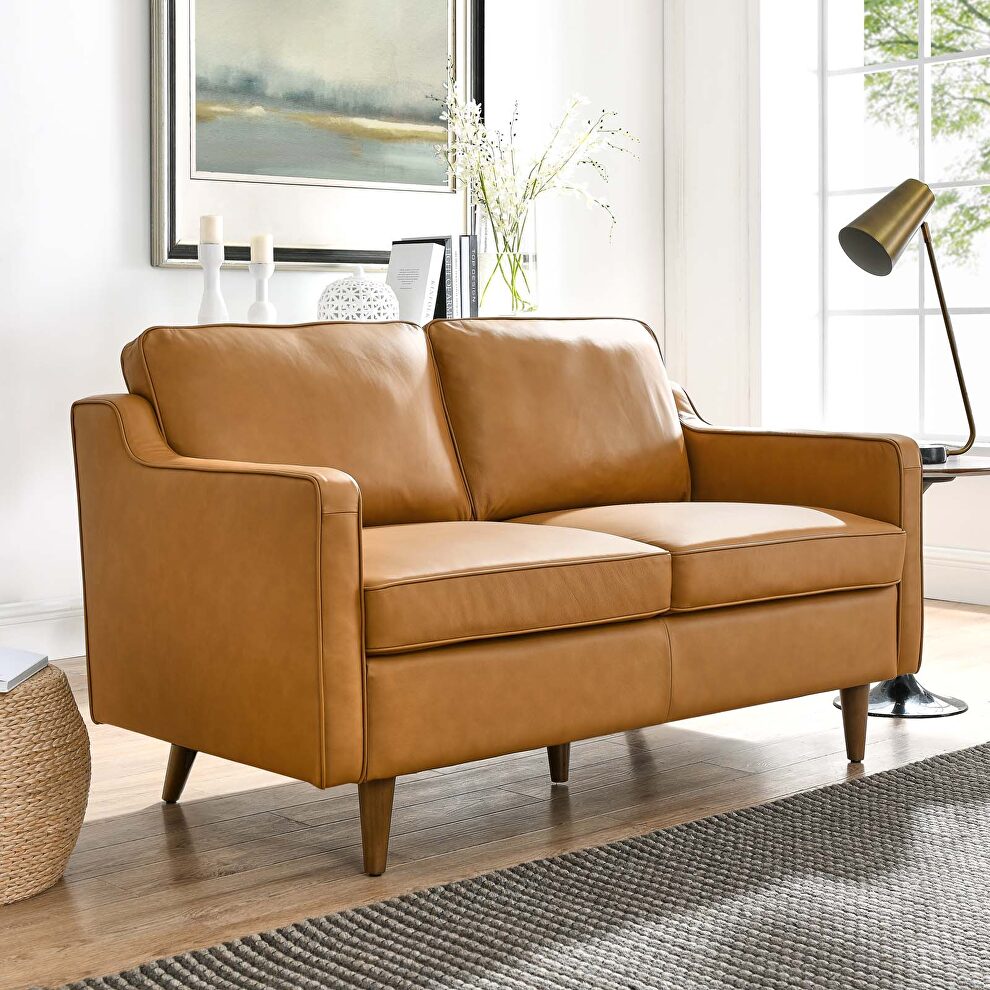 Tan finish genuine leather upholstery loveseat by Modway