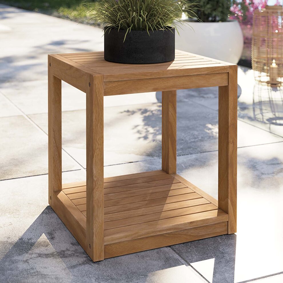 Teak wood outdoor patio side table in natural finish by Modway