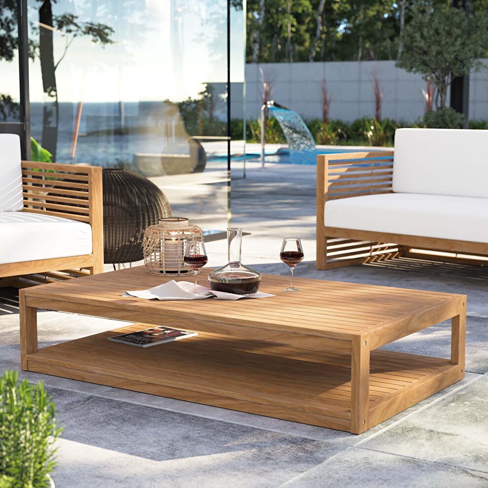 Teak wood outdoor patio coffee table in natural finish by Modway