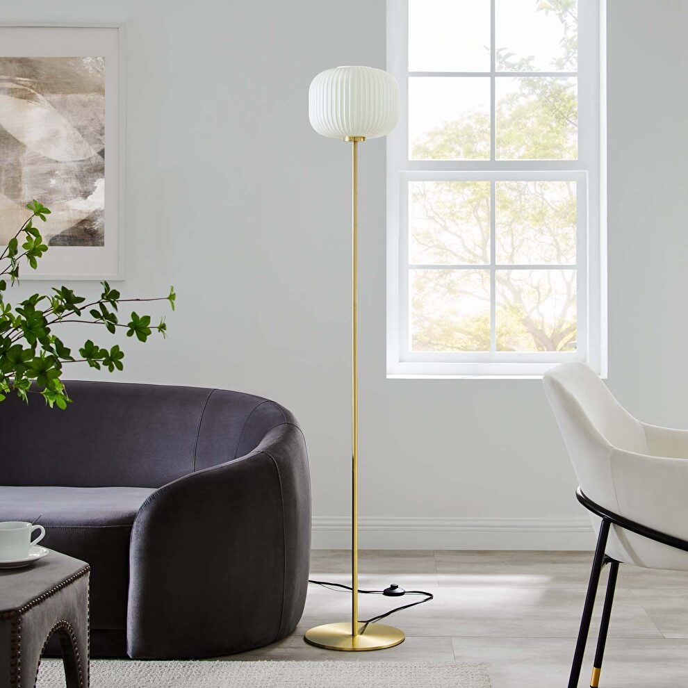White/ satin brass glass sphere glass and metal floor lamp by Modway