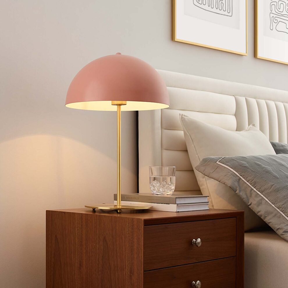 Pink/ satin brass metal table lamp by Modway