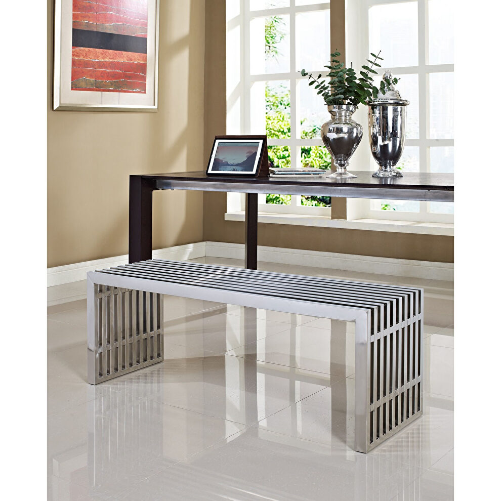 Large stainless steel bench in silver by Modway