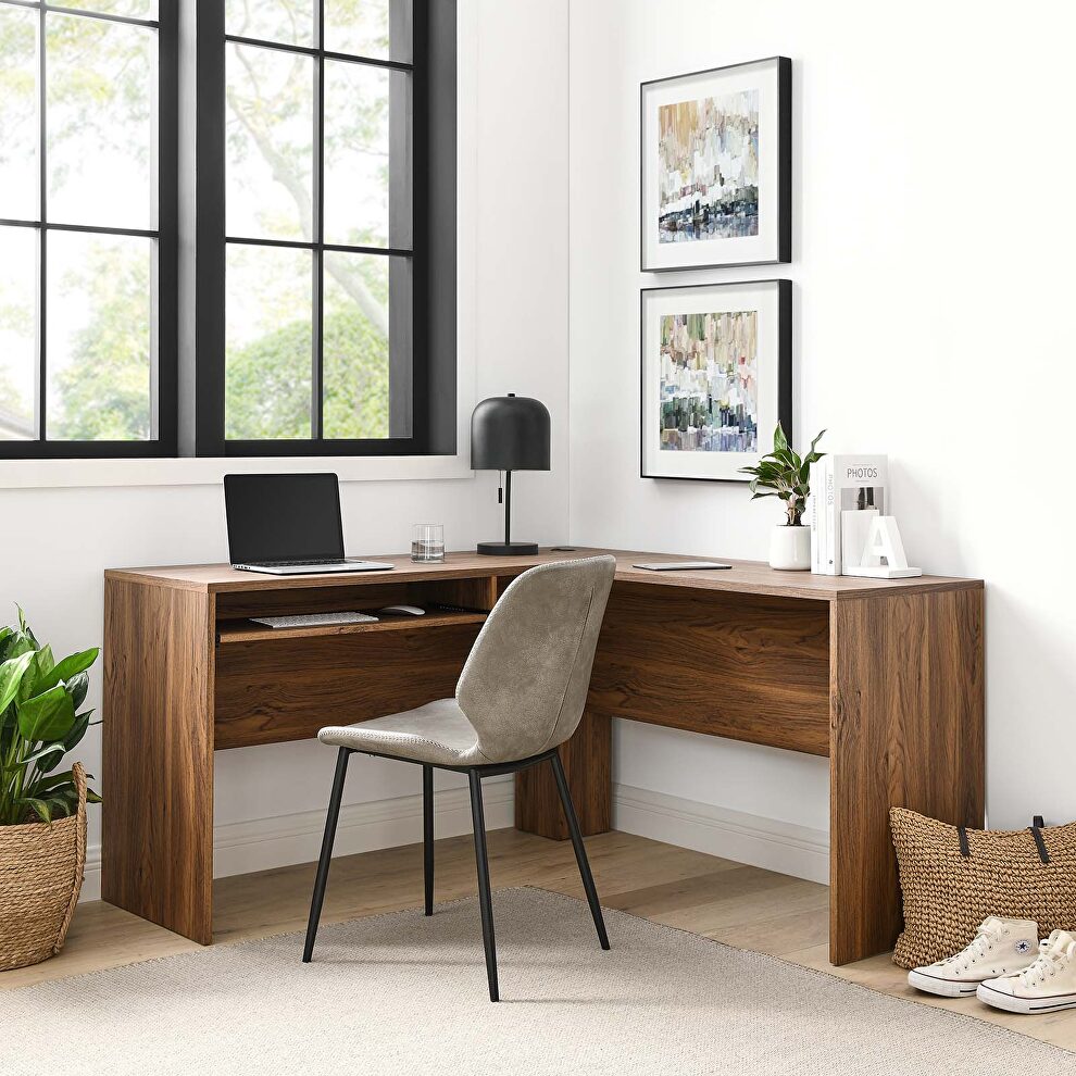 L-shaped wood office desk in walnut finish by Modway