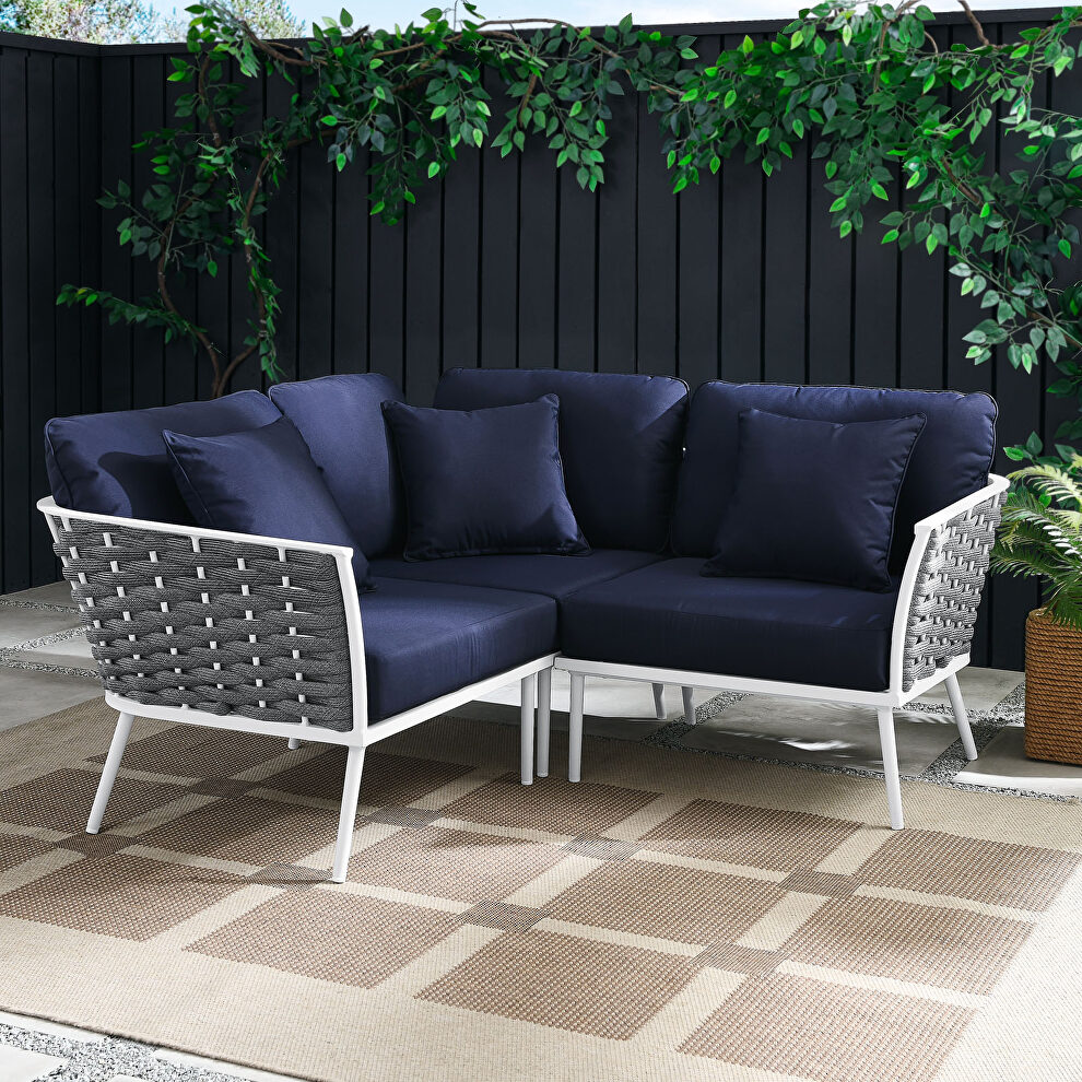 White/ navy finish outdoor patio aluminum small sectional sofa by Modway