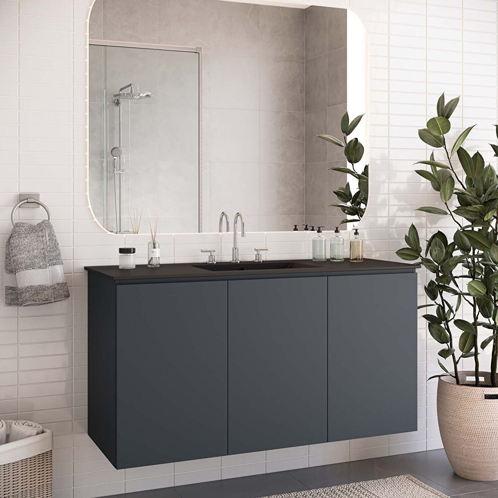 Gray finish wall-mount bathroom vanity w/ sink in black by Modway