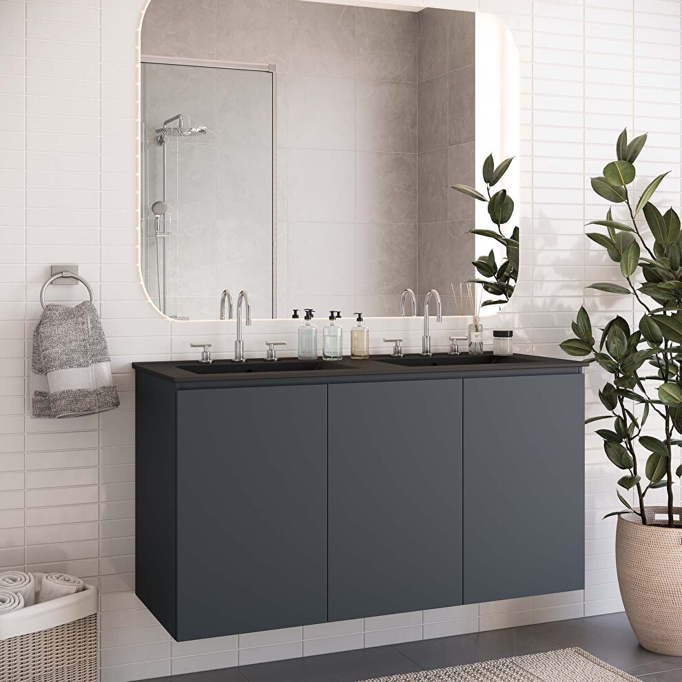 Gray finish wall-mount double sink in black bathroom vanity by Modway
