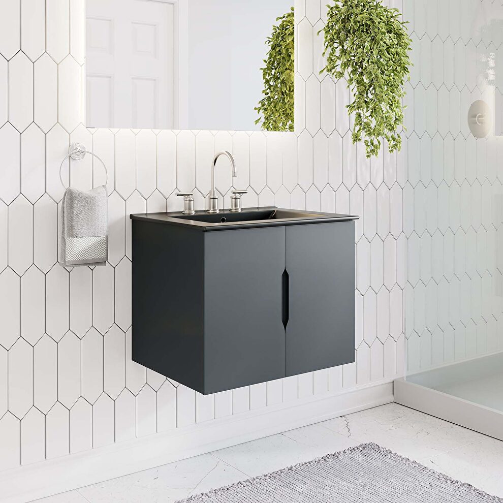 Gray finish 24 bathroom vanity w/ black sink ceramic basin by Modway