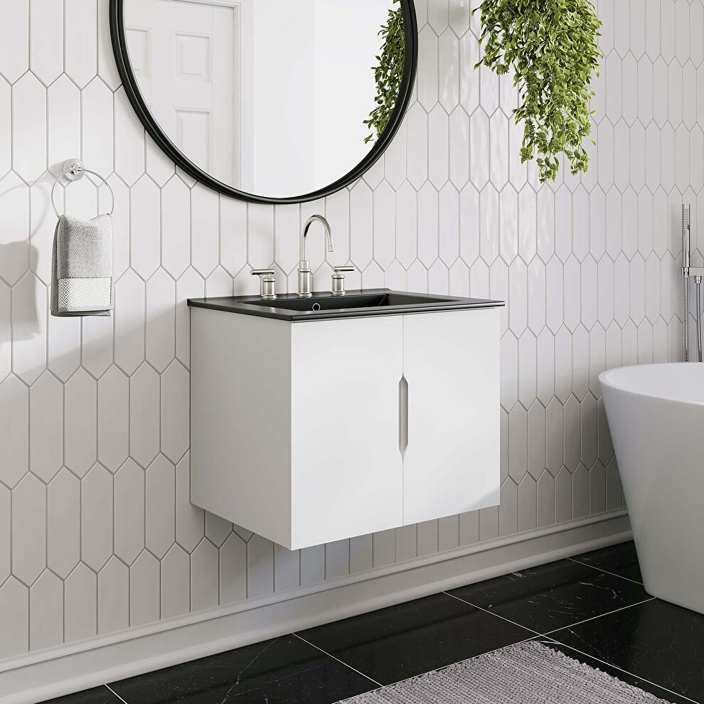 White finish 24 bathroom vanity w/ black sink ceramic basin by Modway