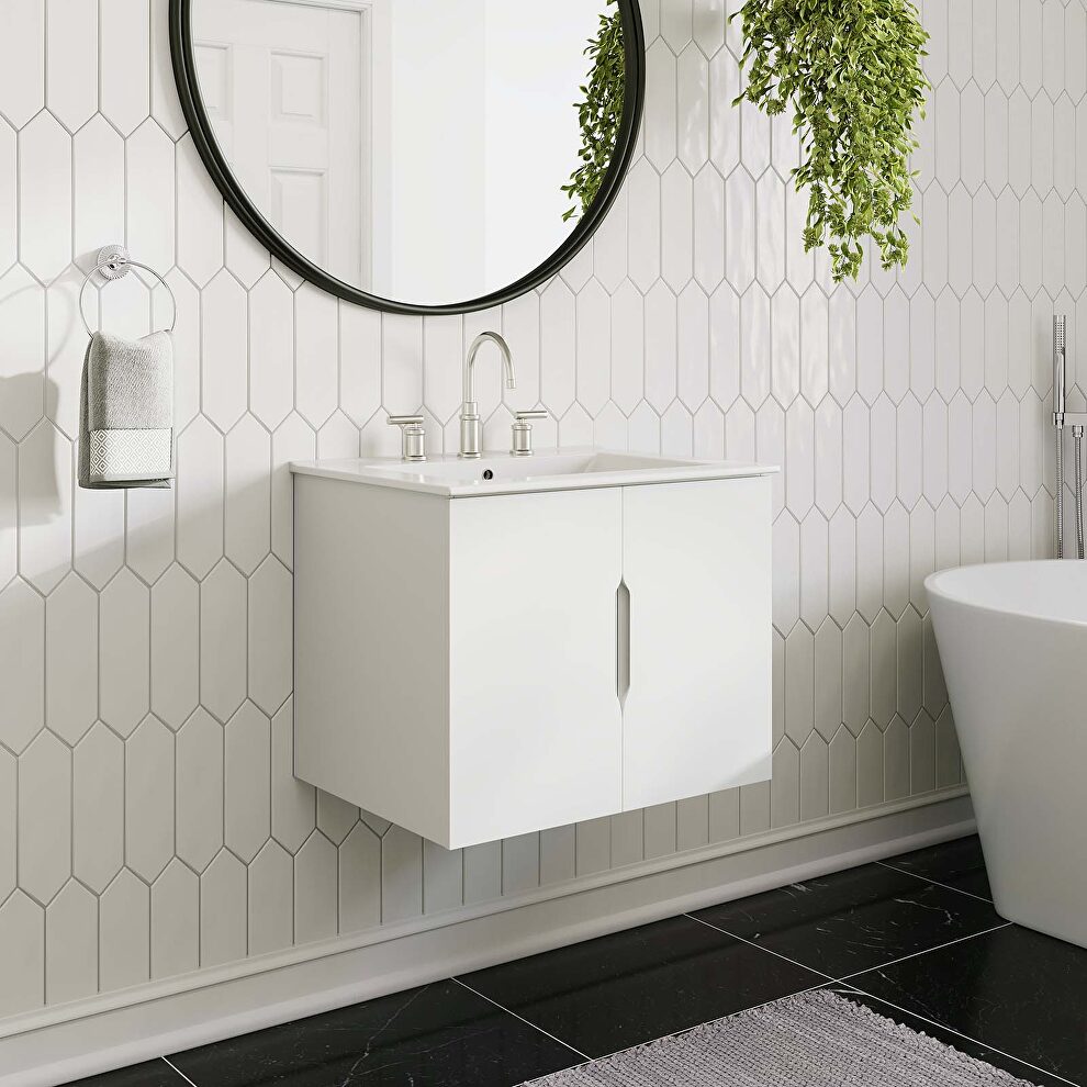 White finish 24 bathroom vanity w/ white sink ceramic basin by Modway