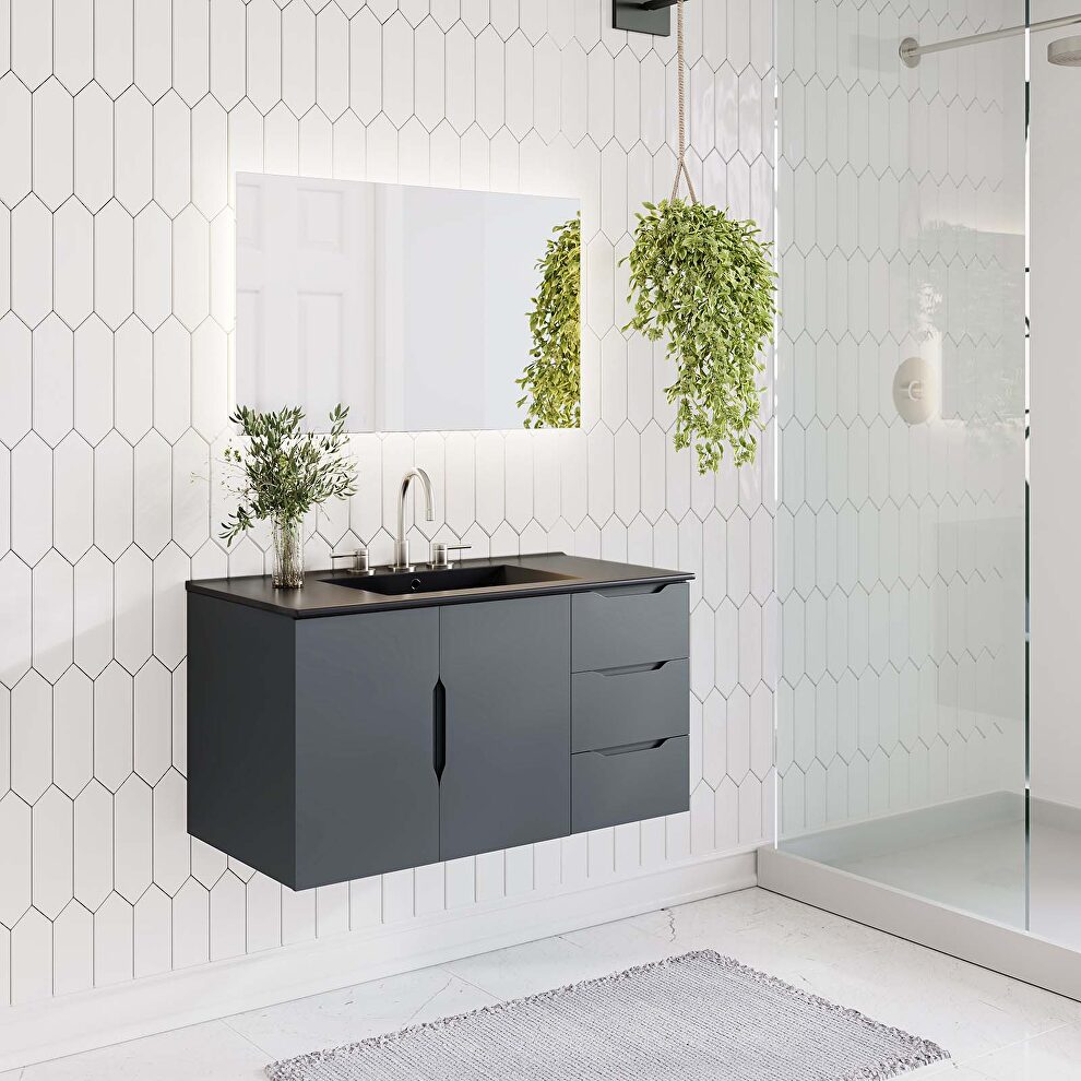 Gray finish bathroom vanity w/ black sink ceramic basin by Modway