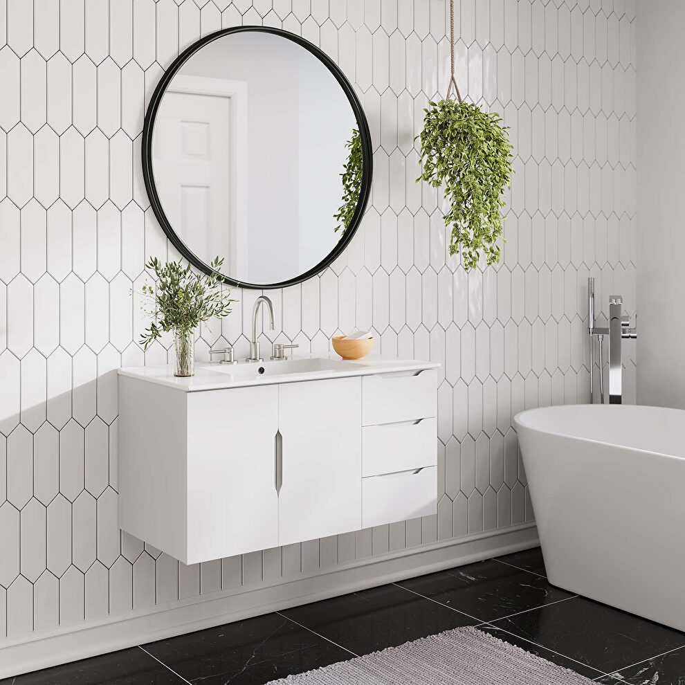 White finish bathroom vanity w/ white sink ceramic basin by Modway