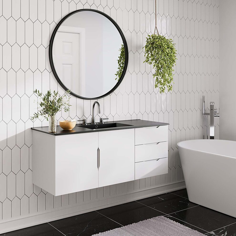 White finish bathroom vanity with black ceramic sink basin by Modway