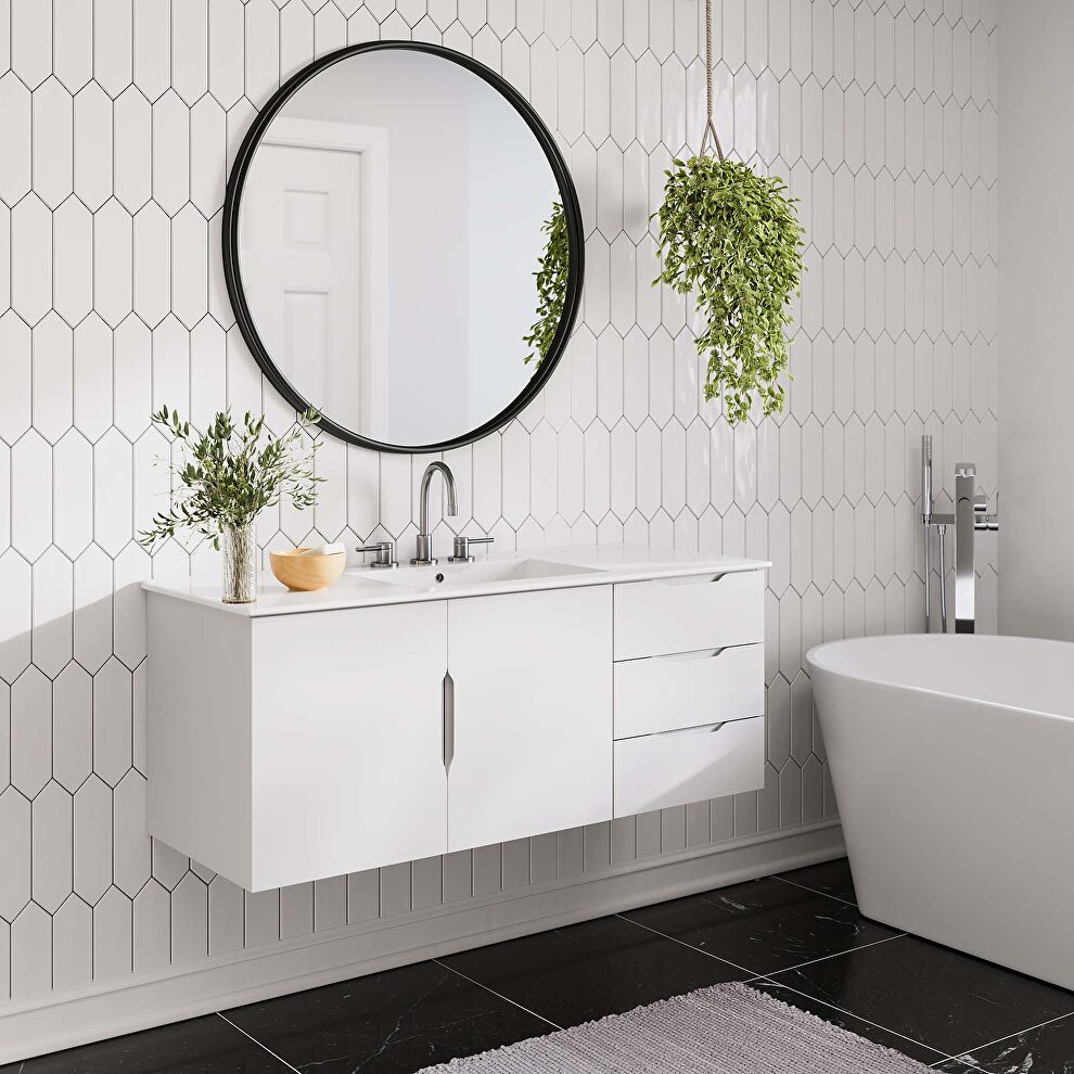 White finish bathroom vanity with white ceramic sink basin by Modway