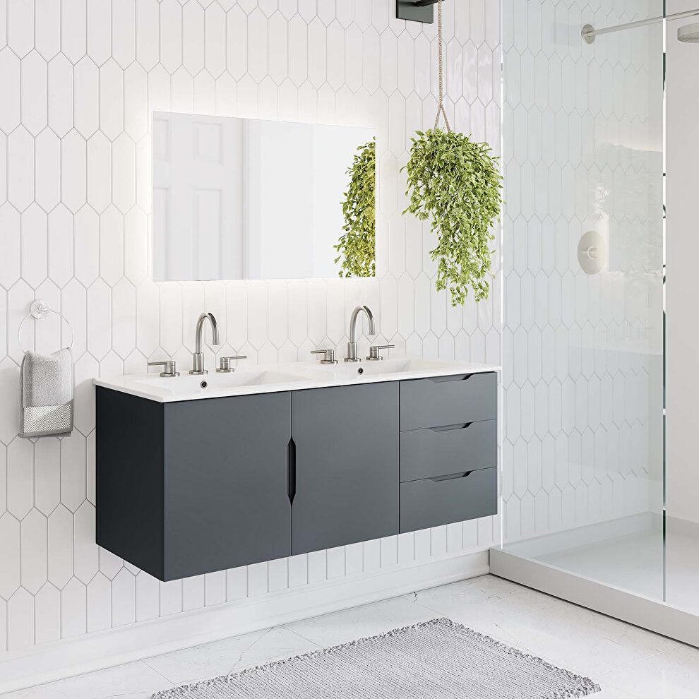 Gray finish bathroom vanity w/ double sink ceramic basin in white by Modway