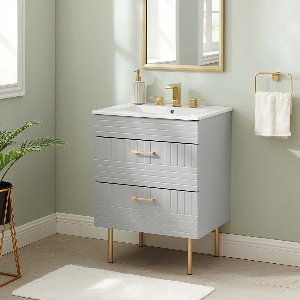 Light gray finish bathroom vanity w/ white ceramic sink basin by Modway