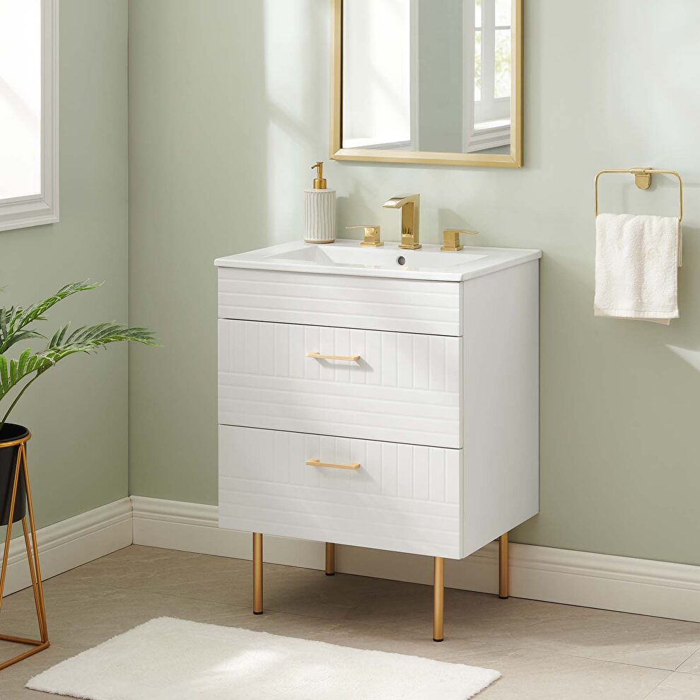 White finish bathroom vanity w/ white ceramic sink basin by Modway