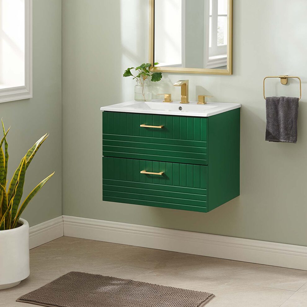 Green finish wall-mount bathroom vanity w/ white ceramic sink basin by Modway
