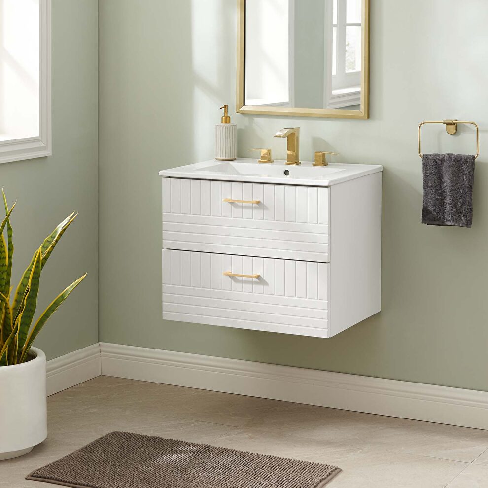 White finish wall-mount bathroom vanity w/ white ceramic sink basin by Modway