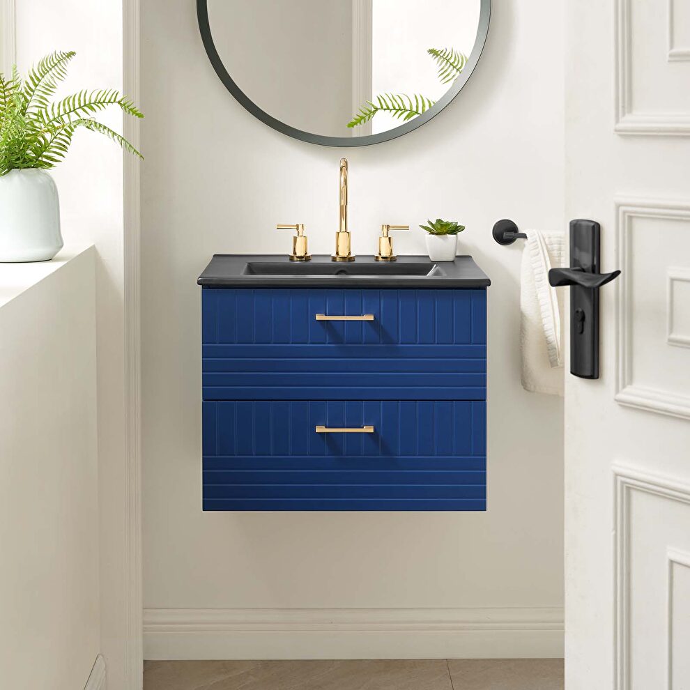 Blue finish wall-mount bathroom vanity w/ black ceramic sink basin by Modway