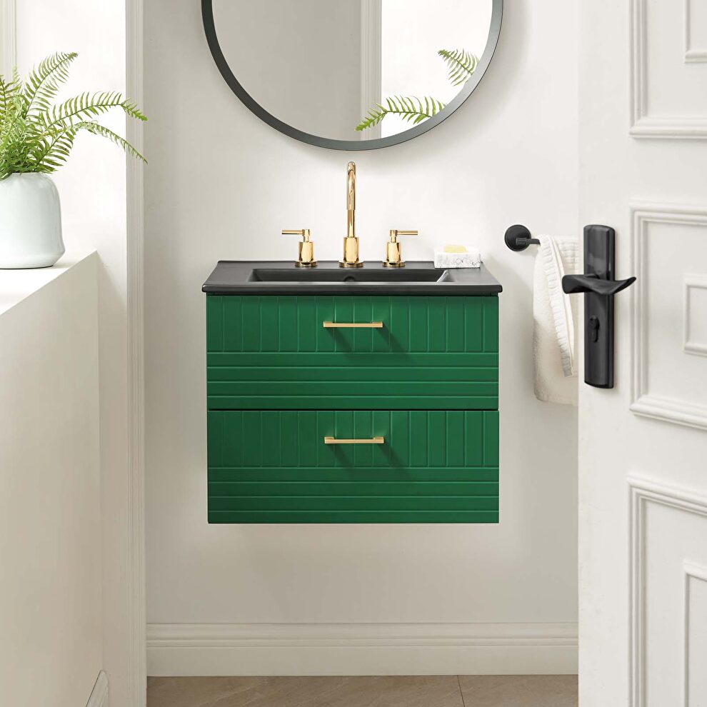 Green finish wall-mount bathroom vanity w/ black ceramic sink basin by Modway