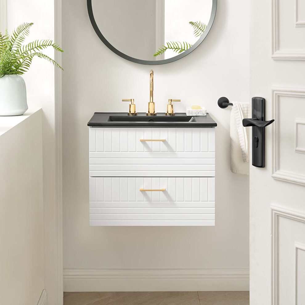 White finish wall-mount bathroom vanity w/ black ceramic sink basin by Modway