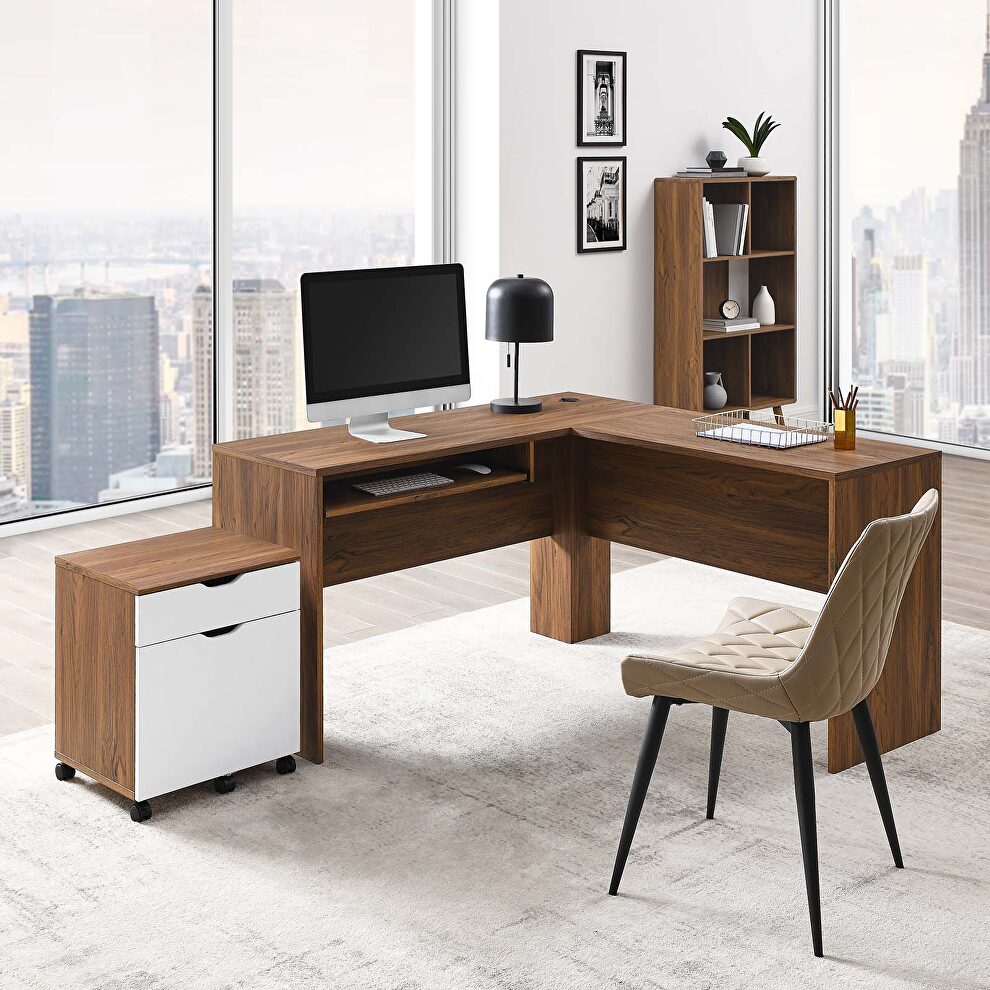Walnut/ white finish wood desk and file cabinet set by Modway