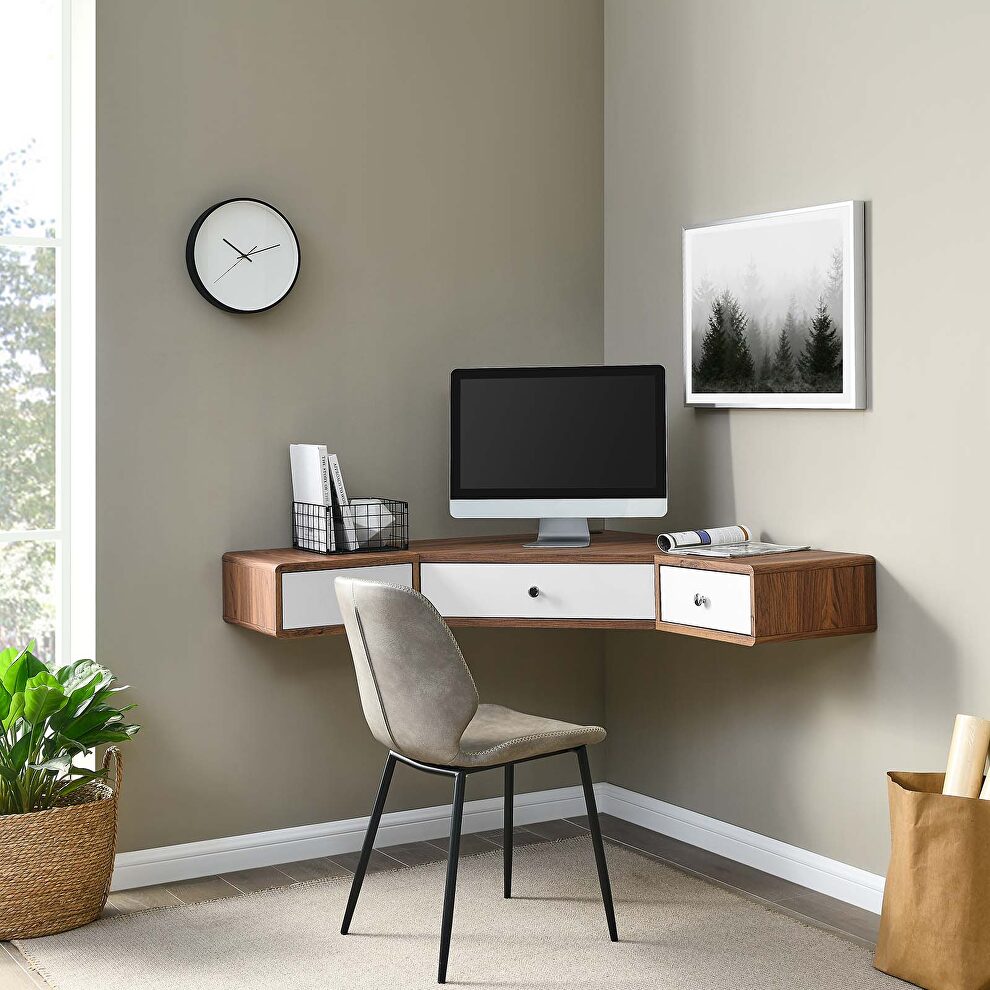 Walnut/ white finish wall mount corner wood office desk in by Modway