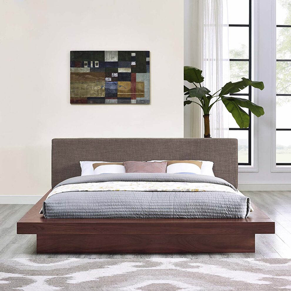 Brown finish fabric upholstery and walnut base platform bed by Modway