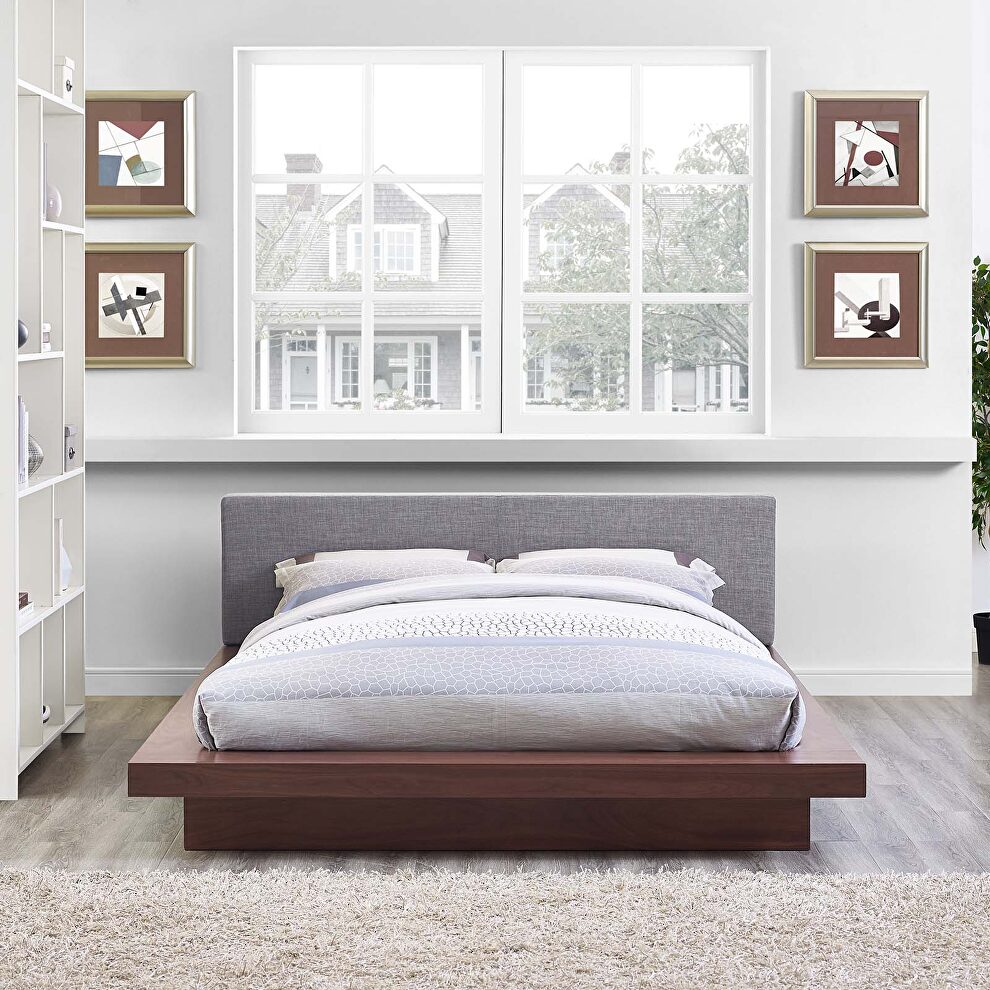 Gray finish fabric upholstery and walnut base platform bed by Modway