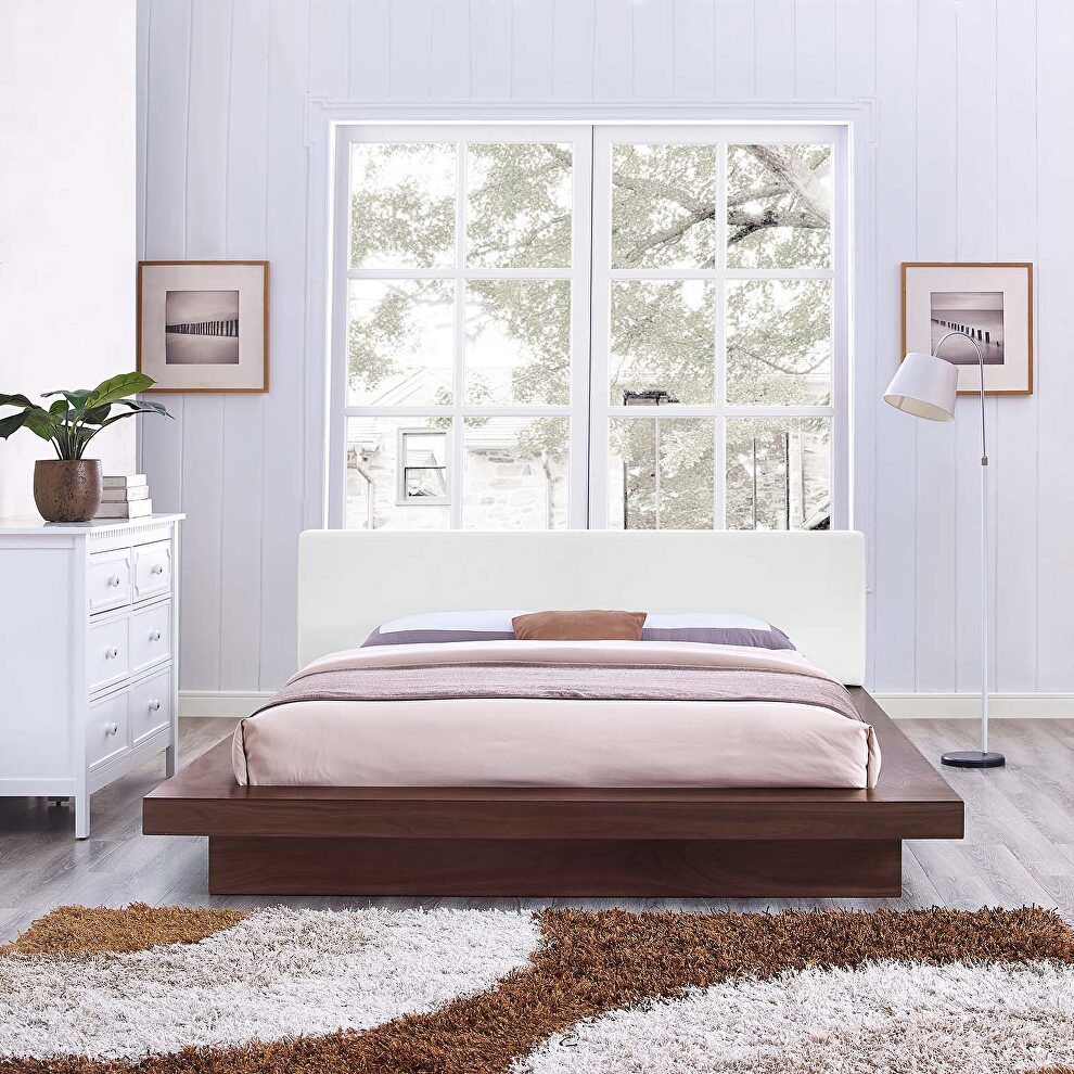White finish vinyl upholstery and walnut base platform bed by Modway