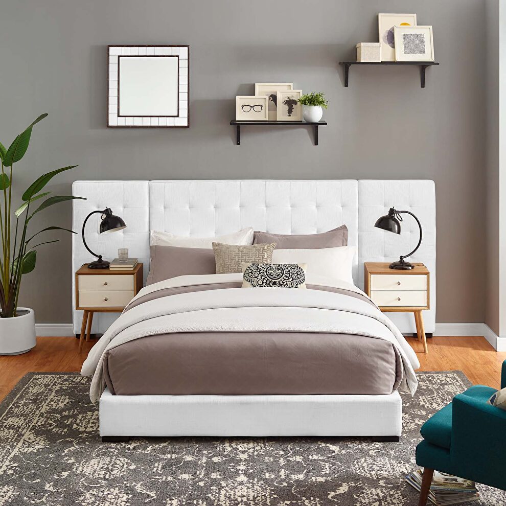 White finish upholstered fabric platform bed by Modway