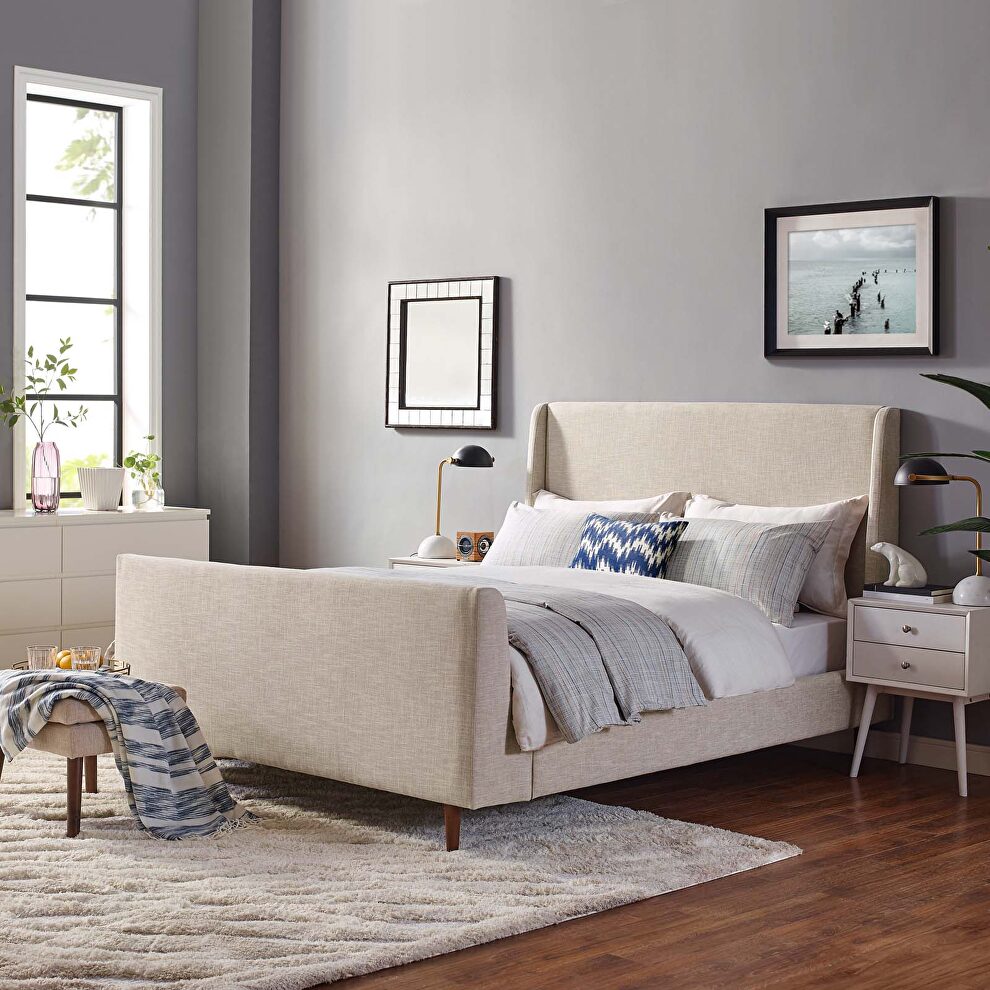Beige finish upholstered fabric sleigh platform bed by Modway