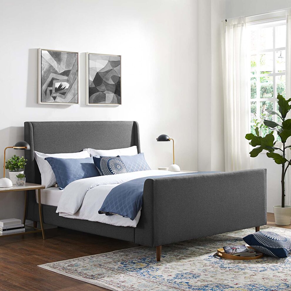 Gray finish upholstered fabric sleigh platform bed by Modway