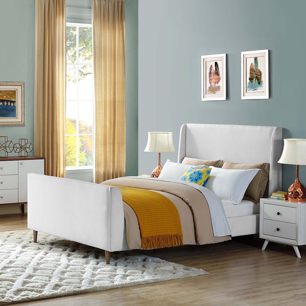 White finish upholstered fabric sleigh platform bed by Modway