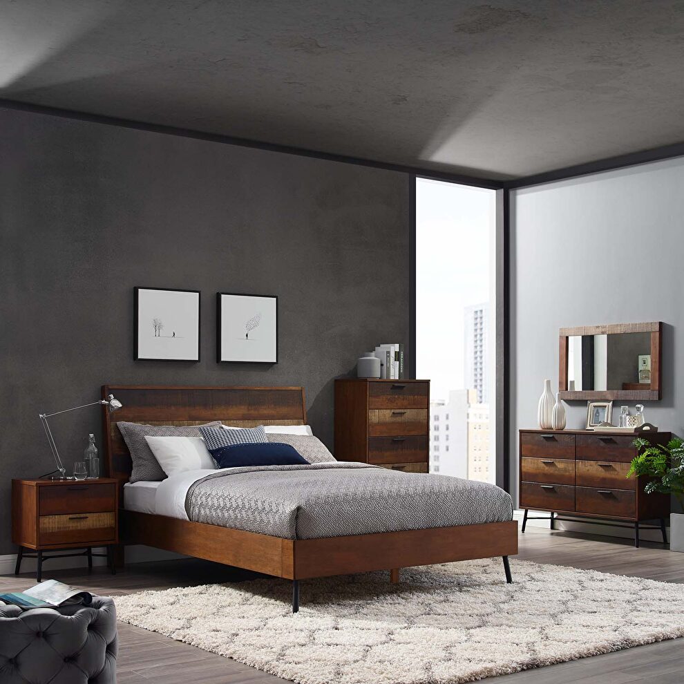 Walnut finish rustic wood organic design bed by Modway