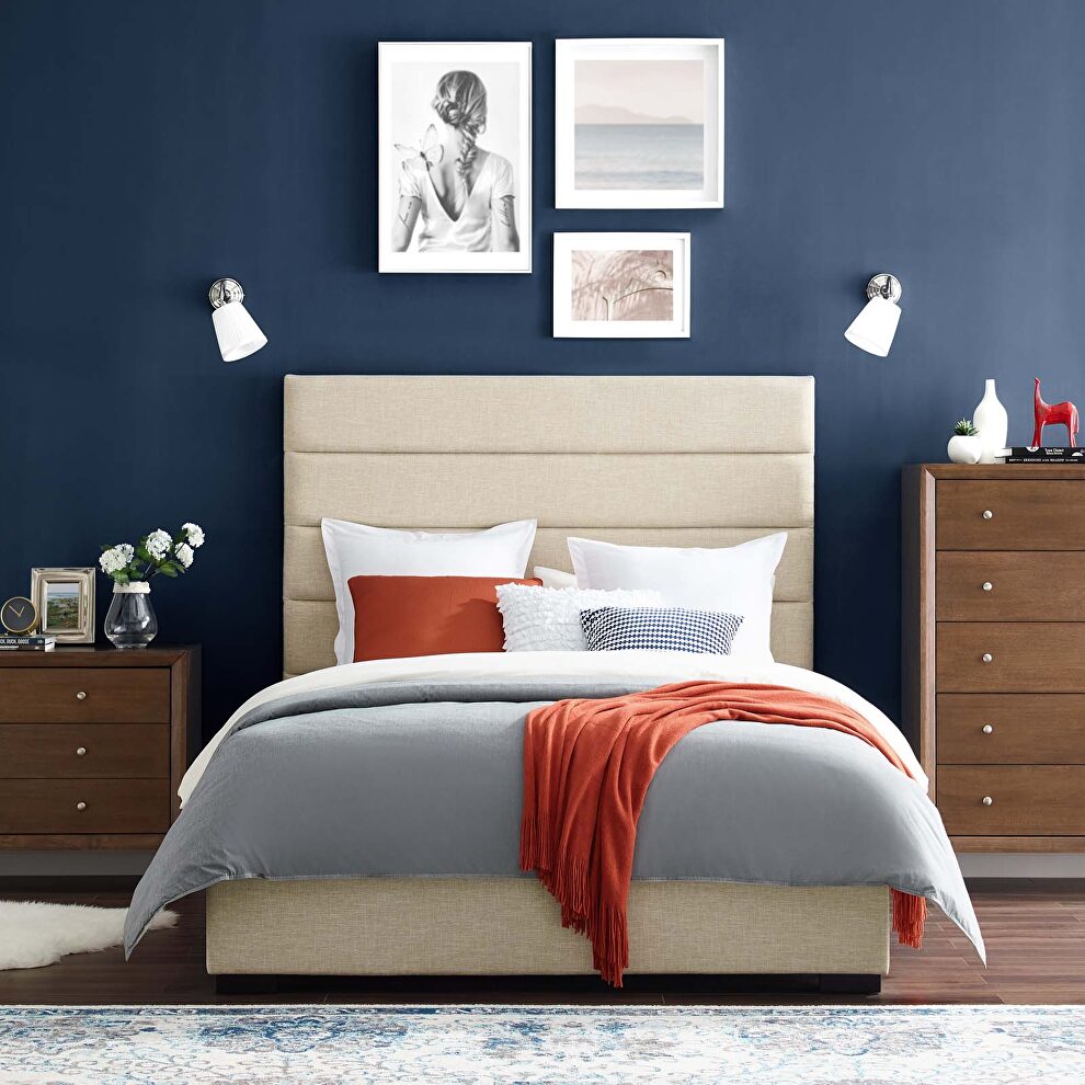 Upholstered fabric platform bed in beige by Modway
